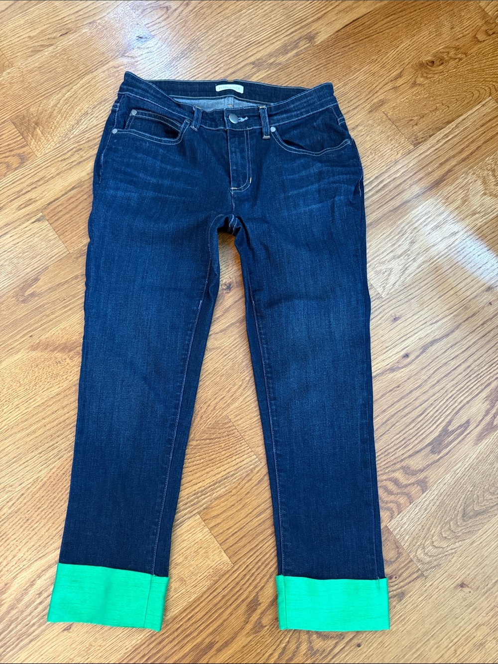 Eileen Fisher Dark Wash Jeans DIY Green Cuff Cropped Capri Organic Cotton
